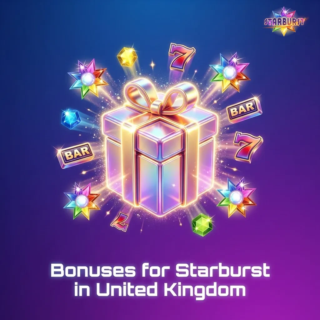 Starburst slot machine with casino bonus chips and free spins offers displayed on screen
