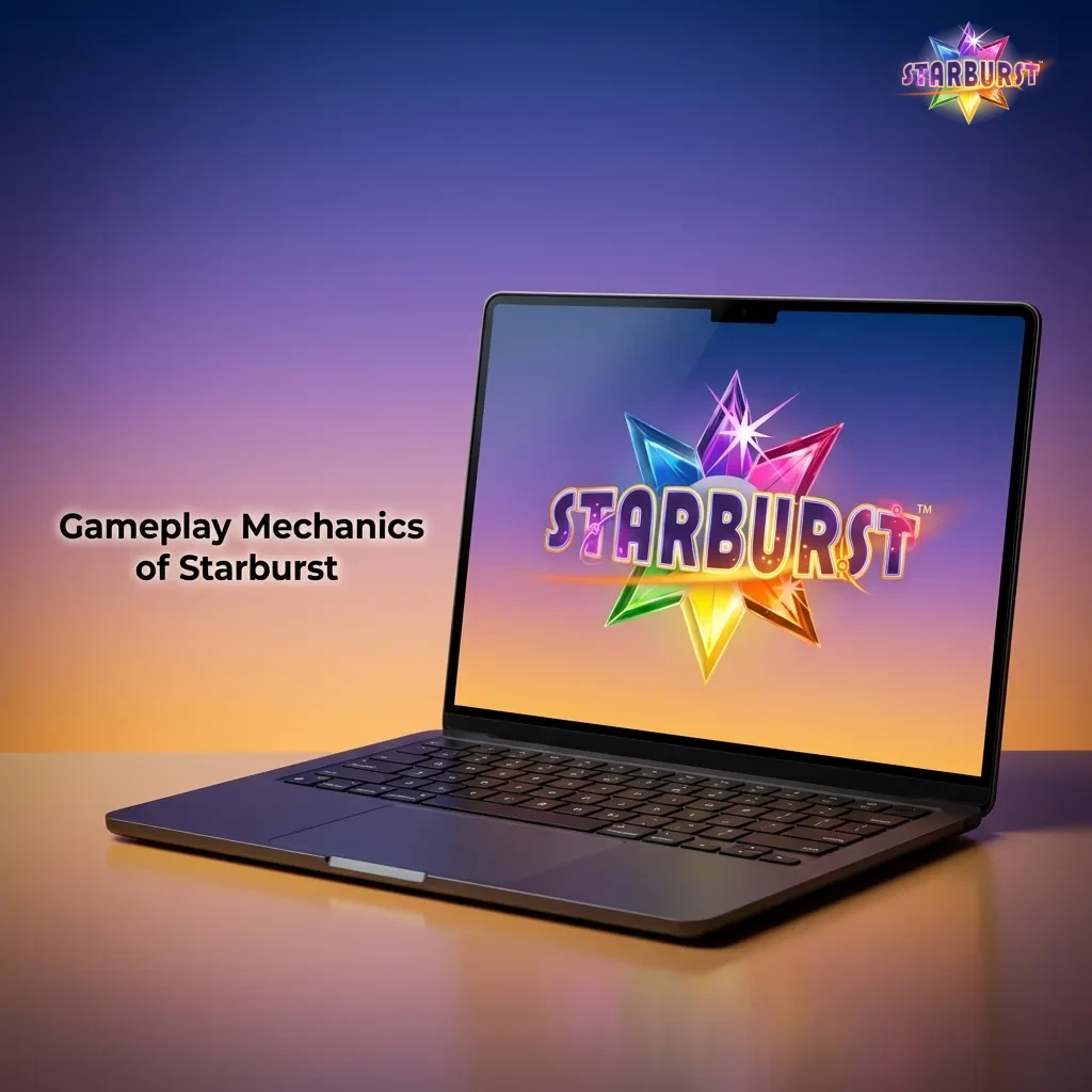 Starburst slot game interface showing 5x3 reel grid with colorful gem symbols, control panel, and betting options below