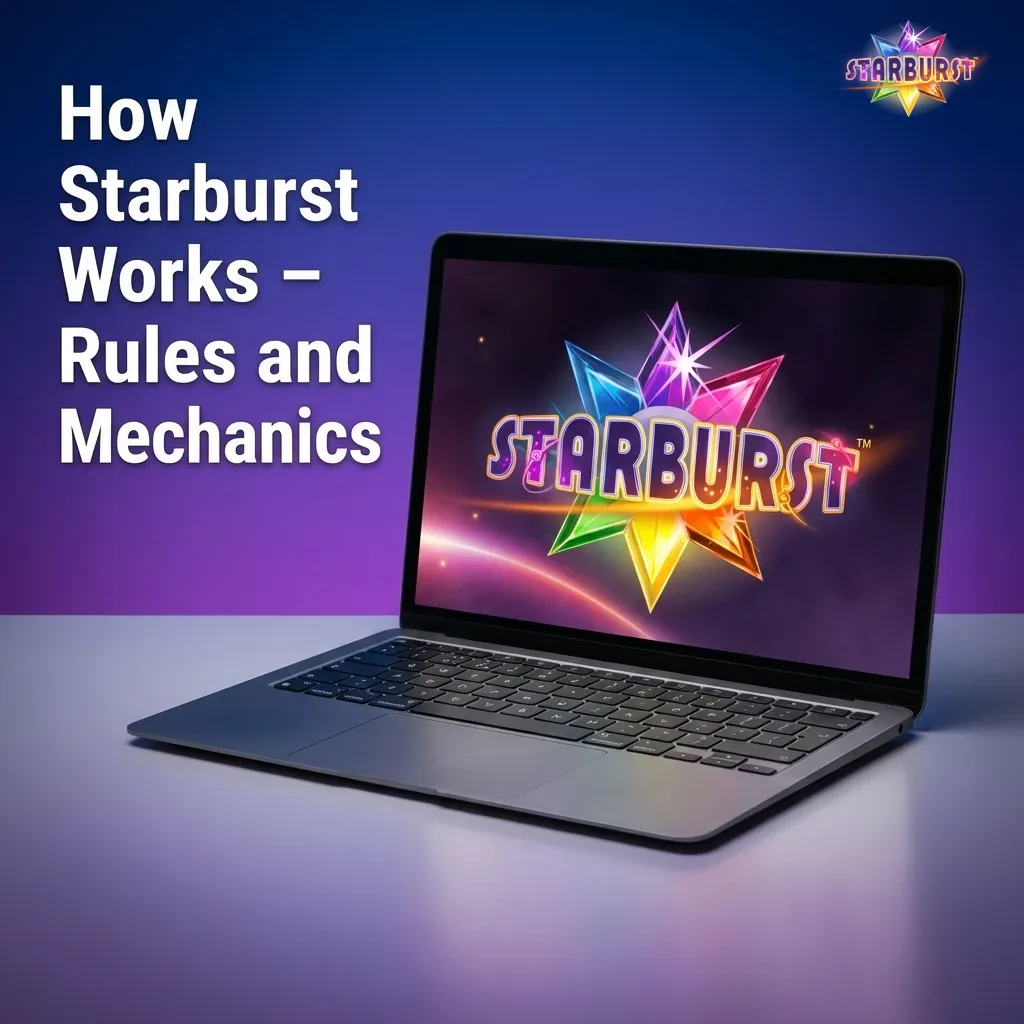 Starburst slot game showing 5-reel, 3-row grid with colorful gem symbols and expanding wild feature on center reels