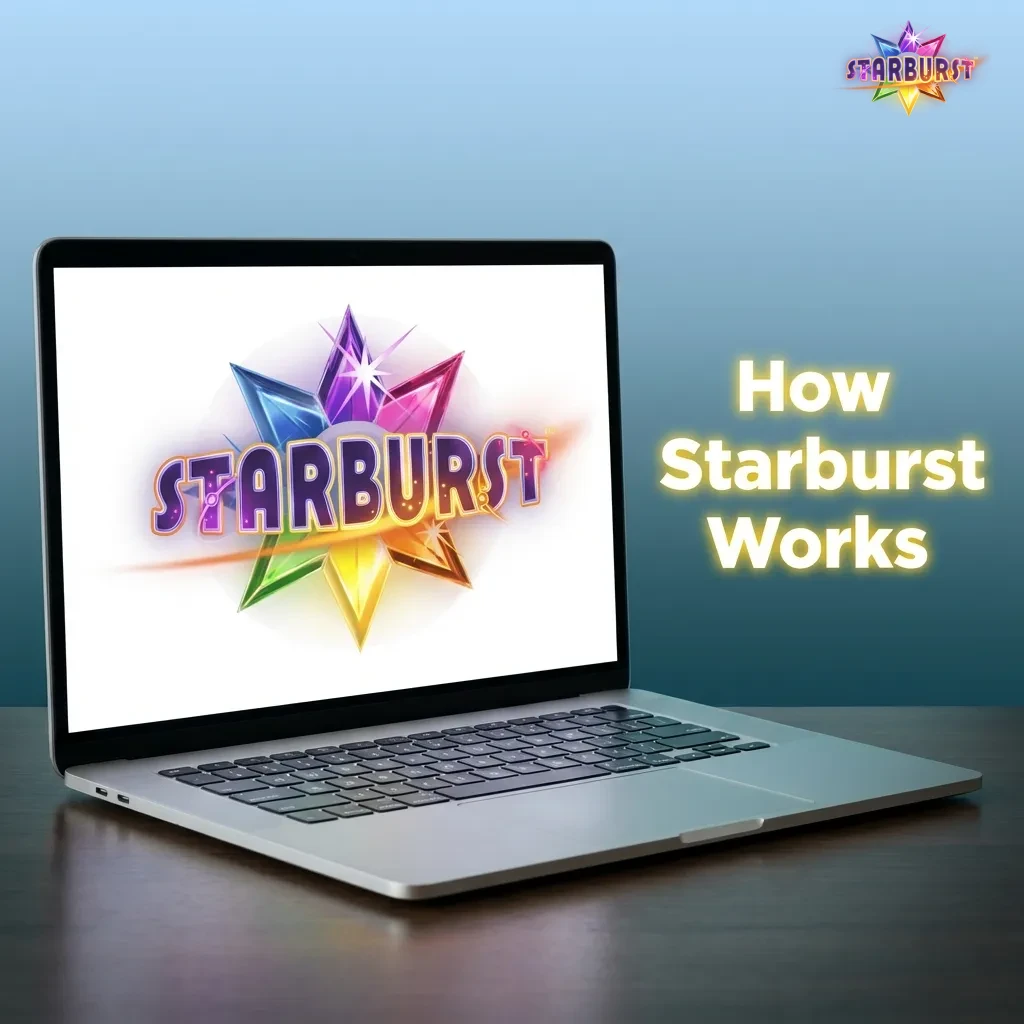 Diagram showing the 6-step sequence of a Starburst slot game round, from selecting stake to final wins and payouts.