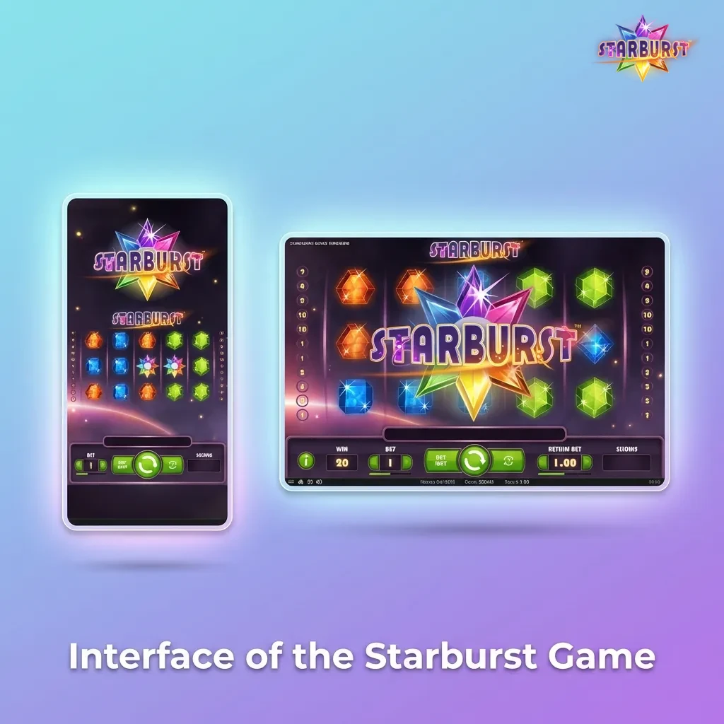 Starburst game interface showing cosmic backdrop, colorful gemstone symbols, and clearly labeled controls for stakes and spins.