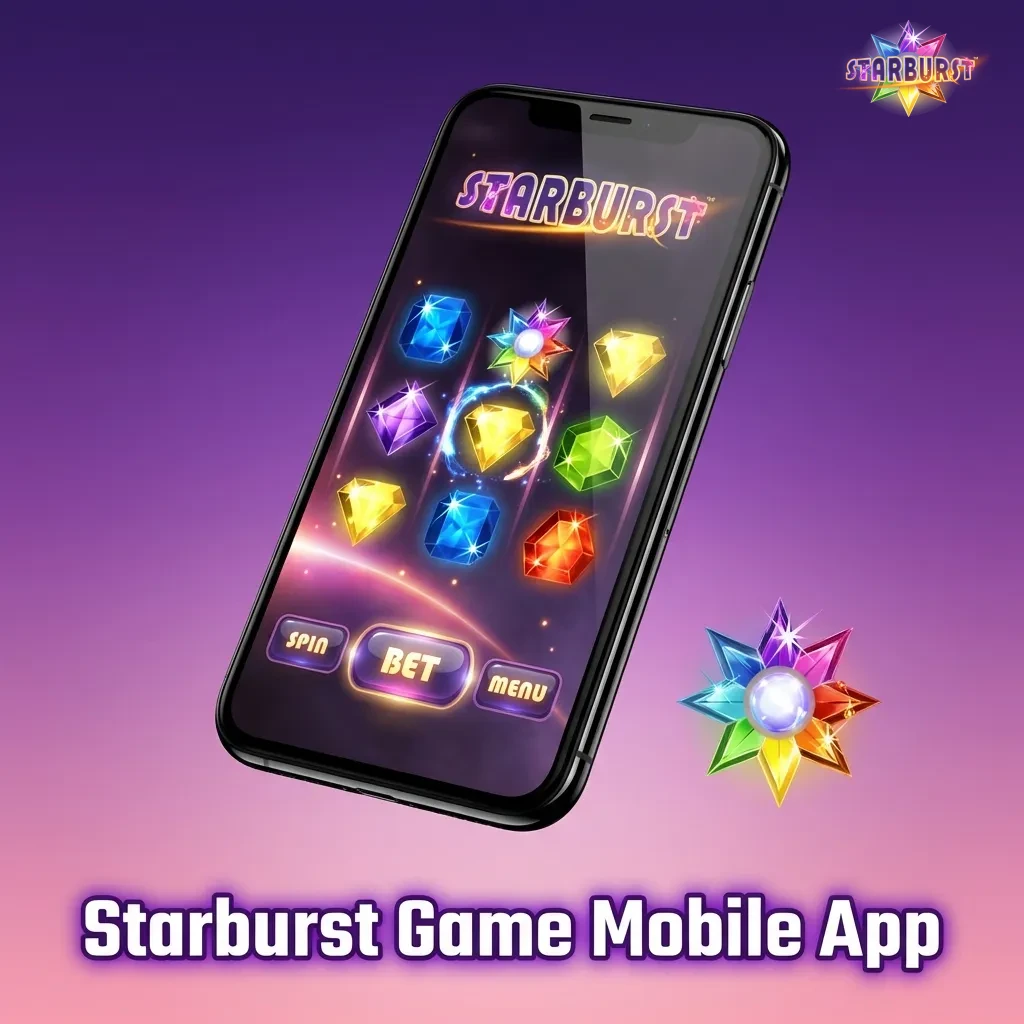 Smartphone displaying Starburst slot game with colorful gems and touch controls on mobile casino app interface